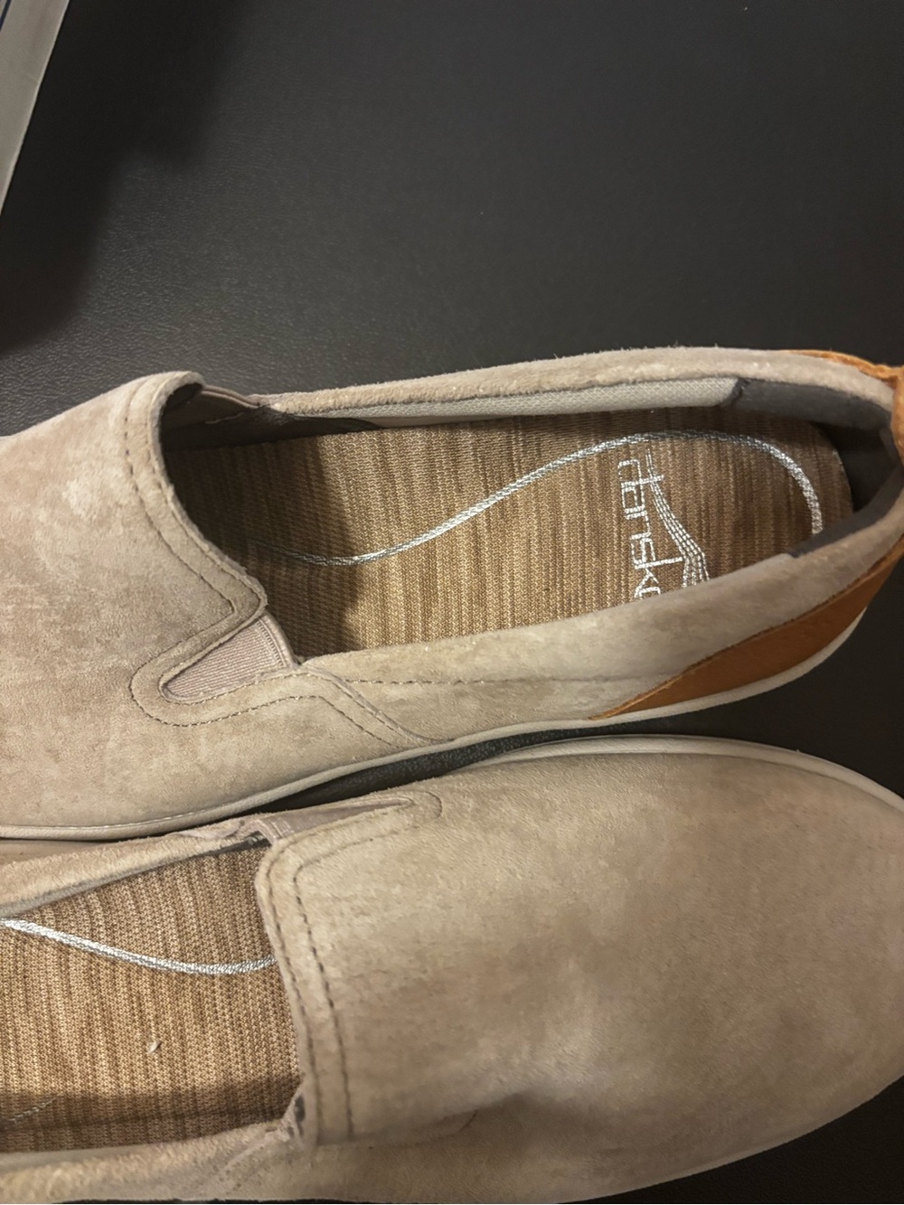 Dansko Beige Suede Slip-On Loafers with Tan Heel Tab - Picture 2 of 4